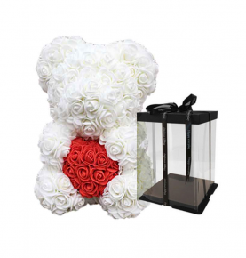 Teddy Bears With Box Flower 40Cm Roses Foam Heart White Gifts Artificial Mini Preserved Anniversary Rose Bear