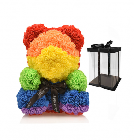 Personalised Rainbow Color Teddy Rose Bear Artificial Pe Foam Flower Bear With Accesories Bouquet