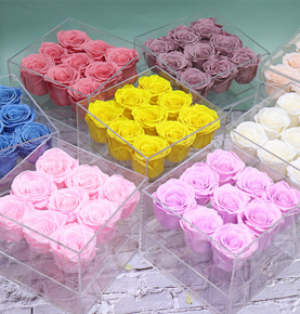 Custom  Acrylic 9 Preserved Roses Clear Square Flower Gift Box With Frawer Display Racks