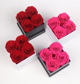 Unique Romantic Four Pink Preserved Roses In Gift Box For Valentine's Day Gift 