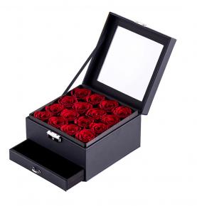 Immortal Eternal Longlife Never Withered 16 Red Preserved Roses In Leather Jewellery Box For Girl Friend