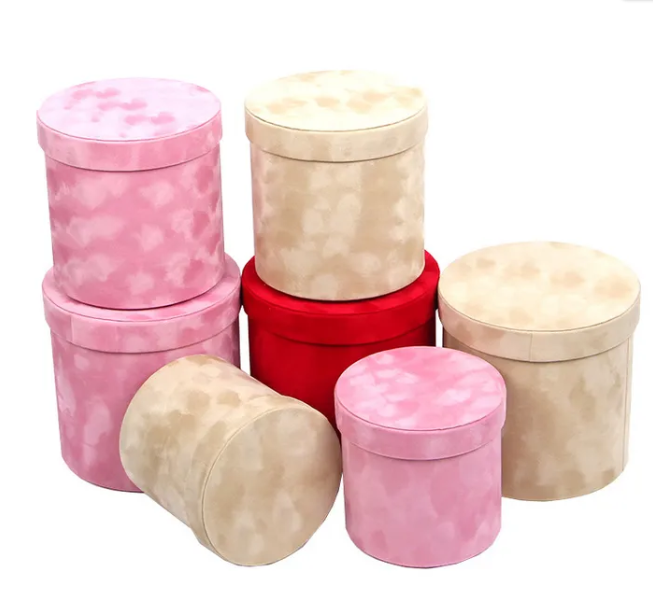 Luxury Velvet Round Flower Cylinder Hat Boxes With Lid Pink Gift Packing Box Sets