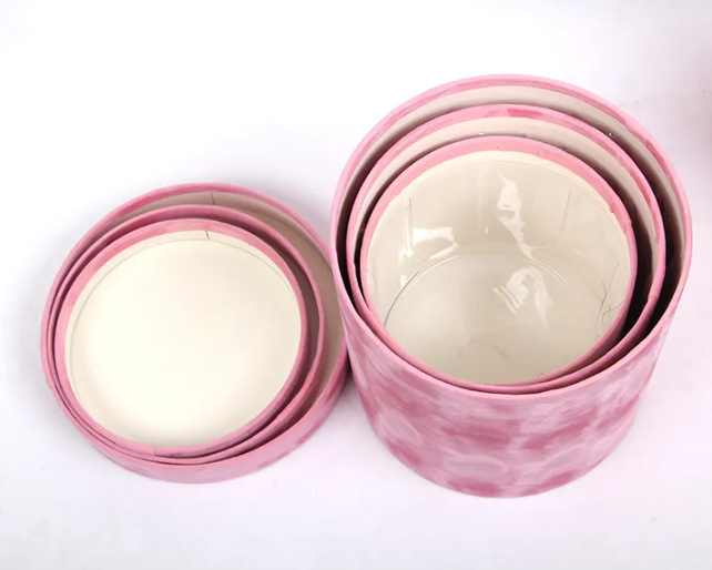 Luxury Velvet Round Flower Cylinder Hat Boxes With Lid Pink Gift Packing Box Sets